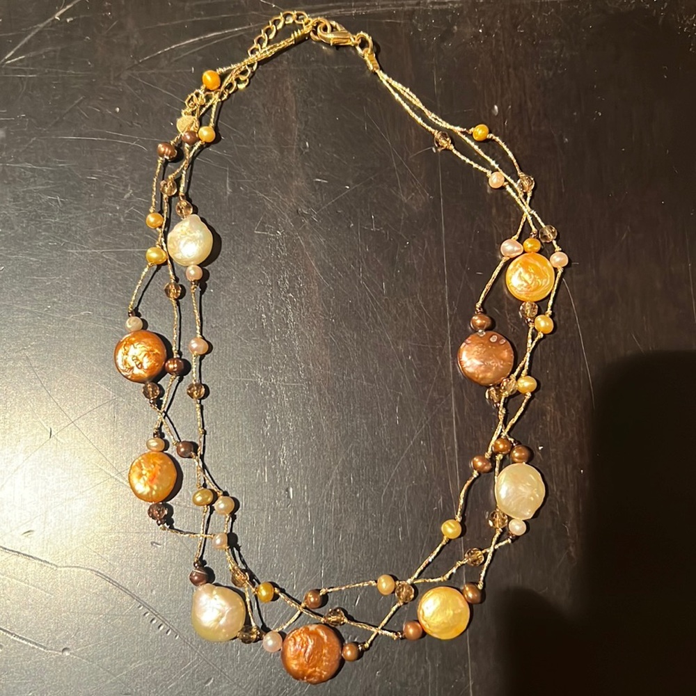 Gold beaded 3 strand necklace. 16inches +